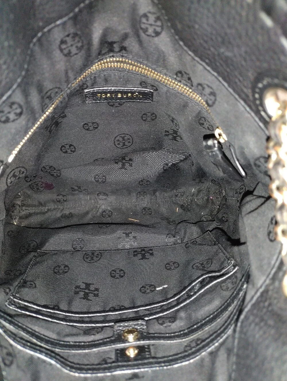 Tory Burch Marion Black Leather Slouchy Tote Hobo Chain Whipstitch W Dust Bag
